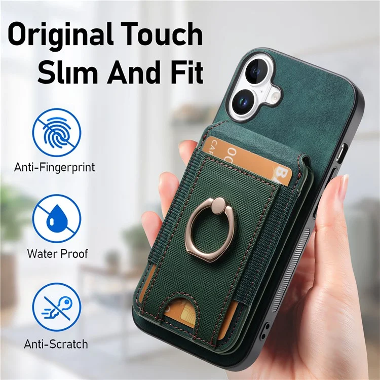 Capa para iPhone 16 Plus D14 com suporte para cartão destacável e tampa traseira de couro - Verde