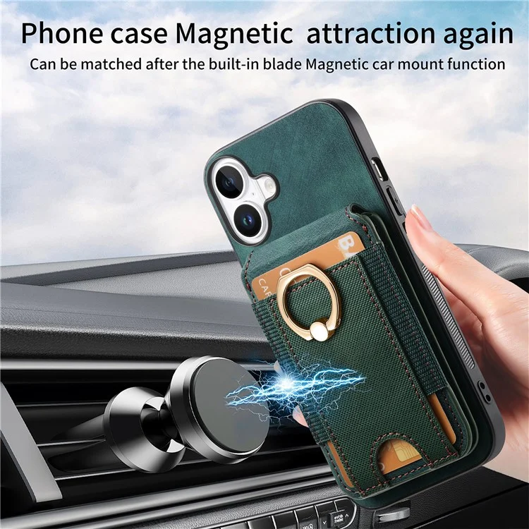 Capa para iPhone 16 Plus D14 com suporte para cartão destacável e tampa traseira de couro - Verde