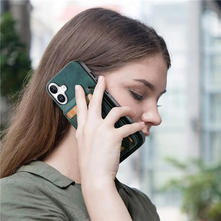 Capa para iPhone 16 Plus D14 com suporte para cartão destacável e tampa traseira de couro - Verde