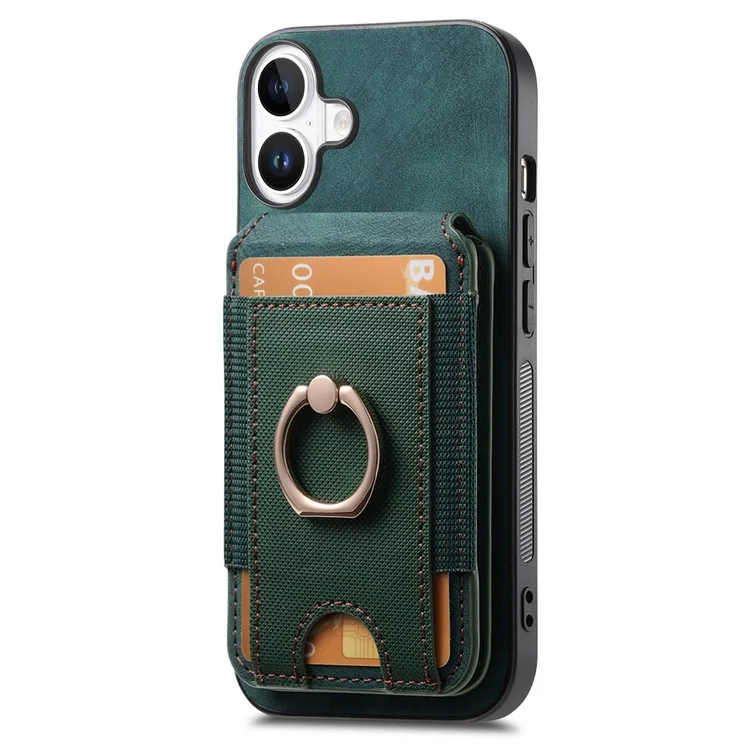 Capa para iPhone 16 Plus D14 com suporte para cartão destacável e tampa traseira de couro - Verde