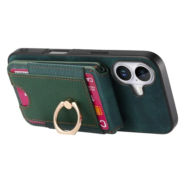 Capa para iPhone 16 Plus D14 com suporte para cartão destacável e tampa traseira de couro - Verde