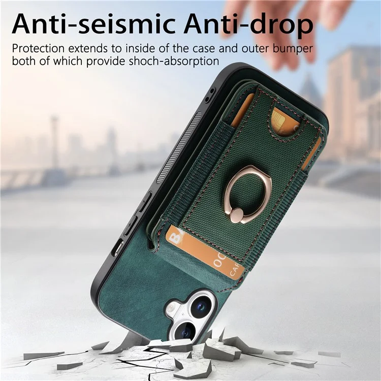 Capa para iPhone 16 Plus D14 com suporte para cartão destacável e tampa traseira de couro - Verde