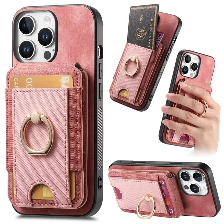 Capa para iPhone 16 Pro D14 com suporte para cartão destacável e capa traseira de couro - Rosa