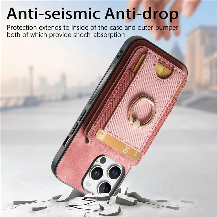 Capa para iPhone 16 Pro D14 com suporte para cartão destacável e capa traseira de couro - Rosa