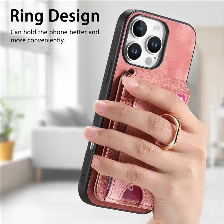Capa para iPhone 16 Pro D14 com suporte para cartão destacável e capa traseira de couro - Rosa