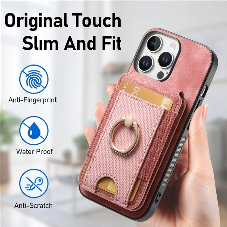 Capa para iPhone 16 Pro D14 com suporte para cartão destacável e capa traseira de couro - Rosa