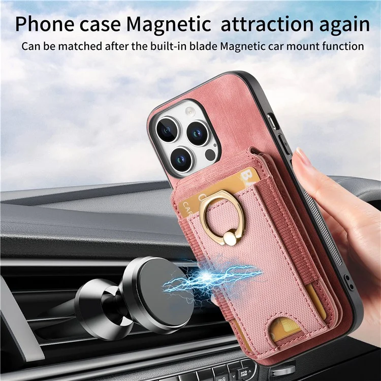 Capa para iPhone 16 Pro D14 com suporte para cartão destacável e capa traseira de couro - Rosa