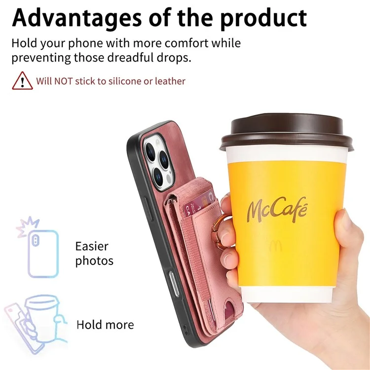 Capa para iPhone 16 Pro D14 com suporte para cartão destacável e capa traseira de couro - Rosa