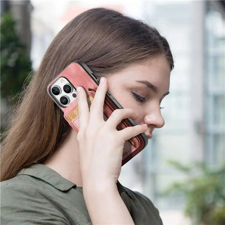 Capa para iPhone 16 Pro D14 com suporte para cartão destacável e capa traseira de couro - Rosa