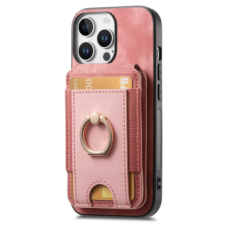 Capa para iPhone 16 Pro D14 com suporte para cartão destacável e capa traseira de couro - Rosa