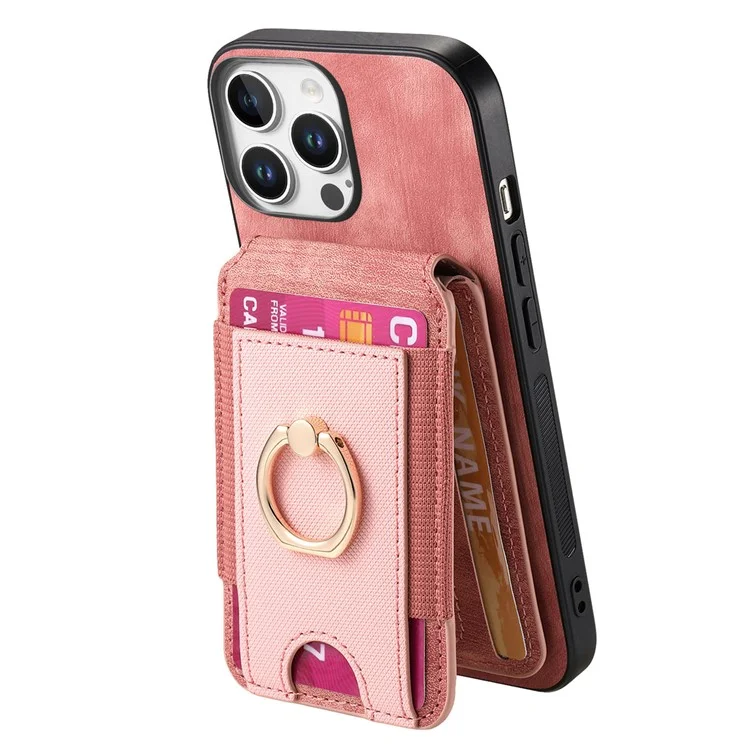 Capa para iPhone 16 Pro D14 com suporte para cartão destacável e capa traseira de couro - Rosa