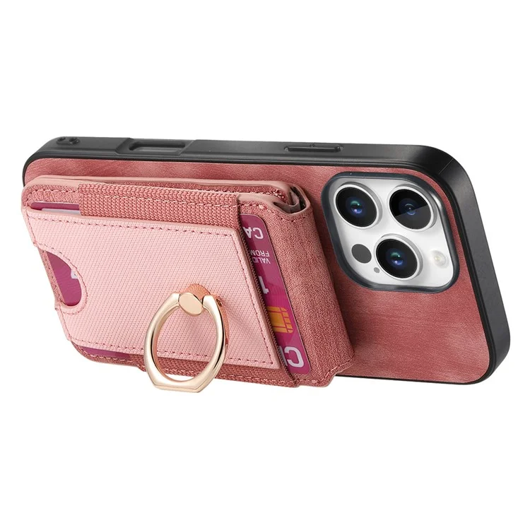 Capa para iPhone 16 Pro D14 com suporte para cartão destacável e capa traseira de couro - Rosa