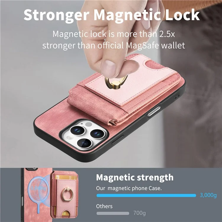 Capa para iPhone 16 Pro D14 com suporte para cartão destacável e capa traseira de couro - Rosa