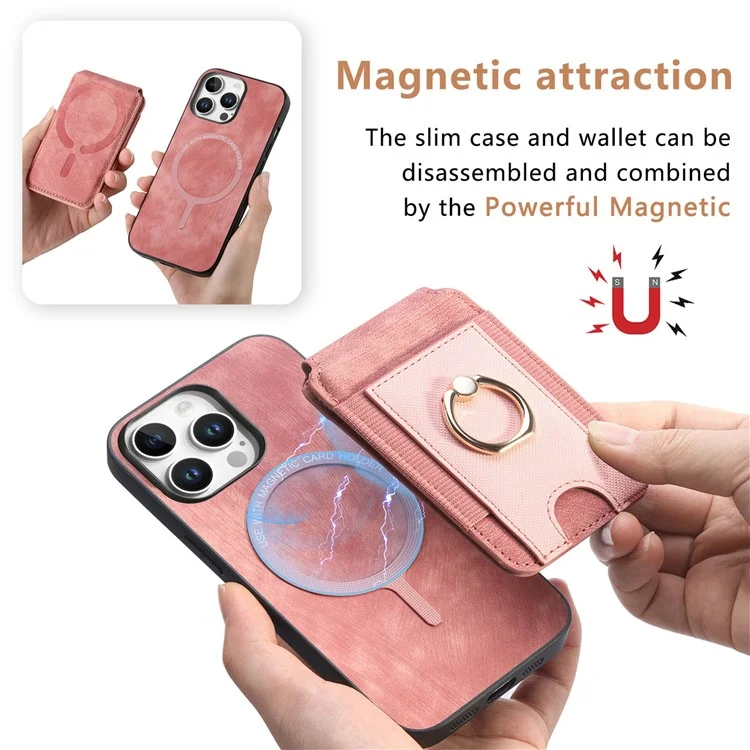 Capa para iPhone 16 Pro D14 com suporte para cartão destacável e capa traseira de couro - Rosa