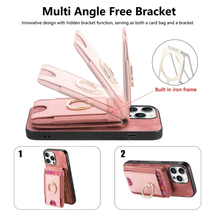 Capa para iPhone 16 Pro D14 com suporte para cartão destacável e capa traseira de couro - Rosa
