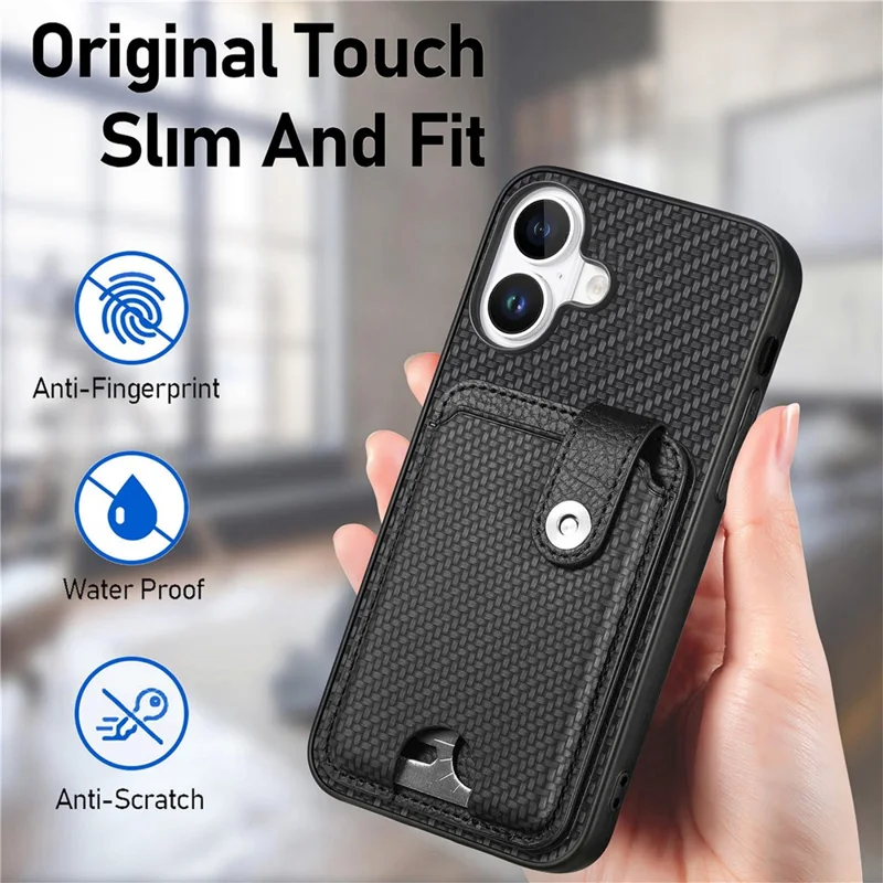 Style B C1-06 For iPhone 16 Plus Case Card Holder Leather+PC+TPU Phone Cover with Card Knife - Black