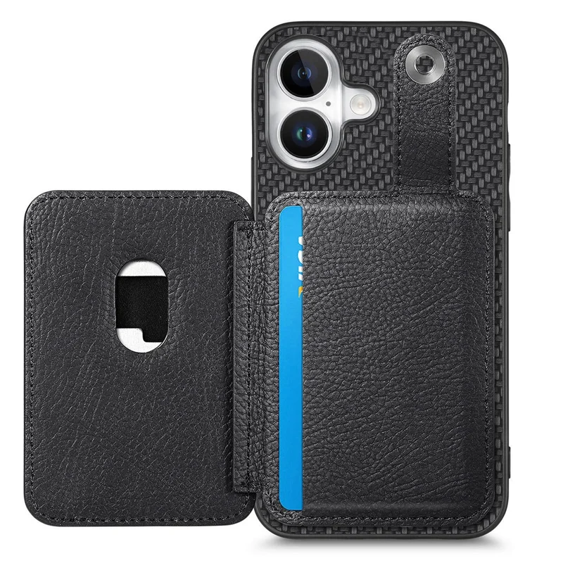 Style B C1-06 For iPhone 16 Plus Case Card Holder Leather+PC+TPU Phone Cover with Card Knife - Black