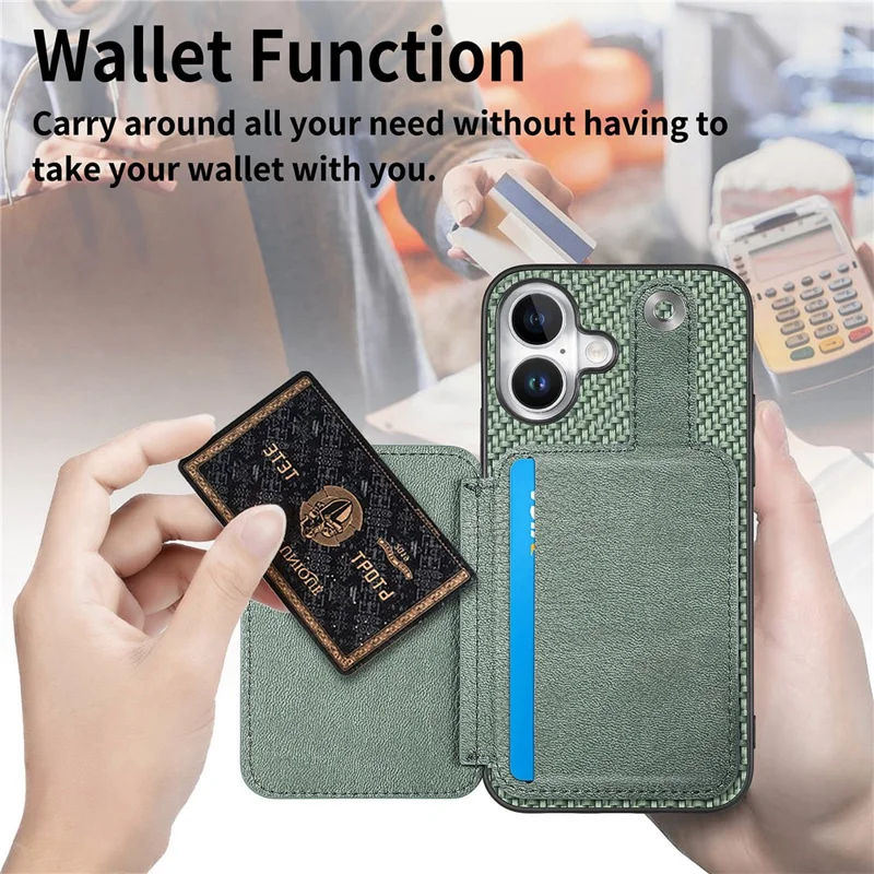 Style B C1-06 For iPhone 16 Plus Case Card Holder Leather+PC+TPU Phone Cover with Card Knife - Black