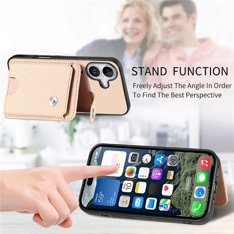Style B C1-06 For iPhone 16 Plus Case Card Holder Leather+PC+TPU Phone Cover with Card Knife - Black