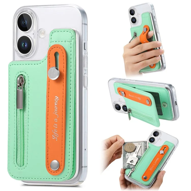 Cy2 Para Iphone 16 Plus Case de Cuero de Pulsera+pc Zipper Pocket Pocket Telep Cover Rfid Bloqueo - Verde Menta