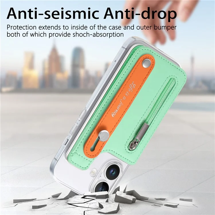 Cy2 Para Iphone 16 Plus Case de Cuero de Pulsera+pc Zipper Pocket Pocket Telep Cover Rfid Bloqueo - Verde Menta