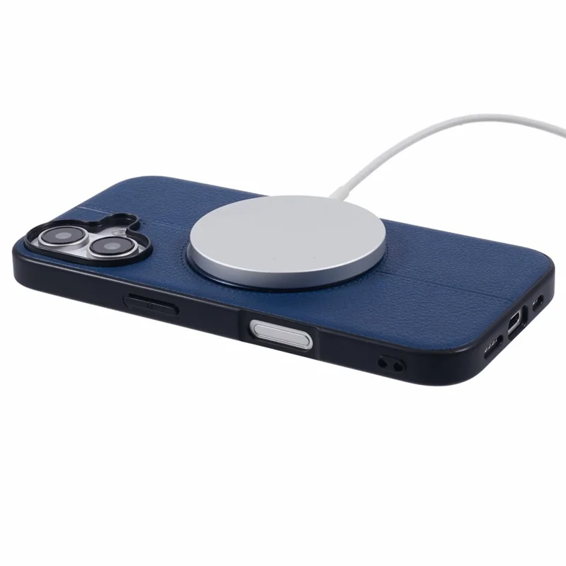 KIGC For iPhone 16 Case Compatible with MagSafe Litchi Texture Leather Coated PC+TPU Phone Cover - Blue