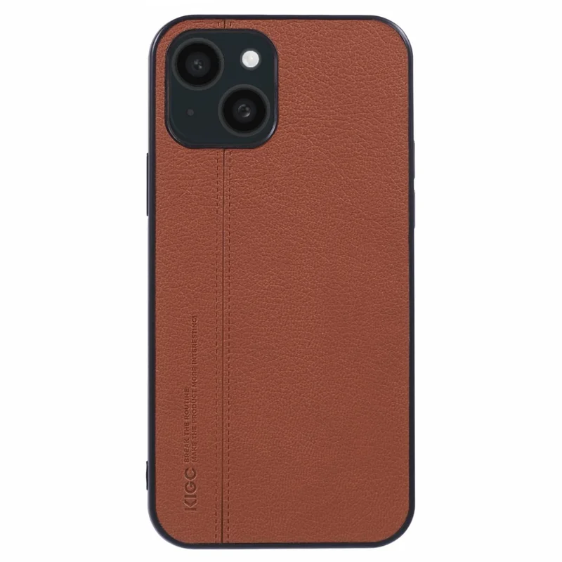 KIGC For iPhone 15 Case Litchi Texture Leather Coated PC+TPU Phone Cover - Brown