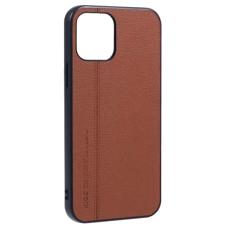 KIGC For iPhone 15 Case Litchi Texture Leather Coated PC+TPU Phone Cover - Brown