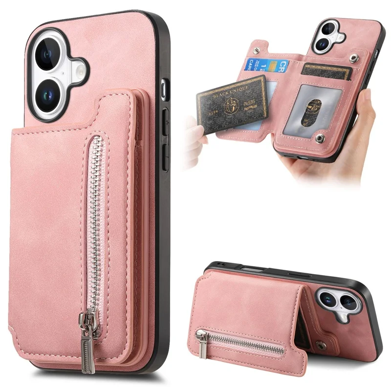 B7 Для Iphone 16 Plus Case Magnetic Съемный Держатель Карты на Молнии Кожа+телефона Tpu - Розовый