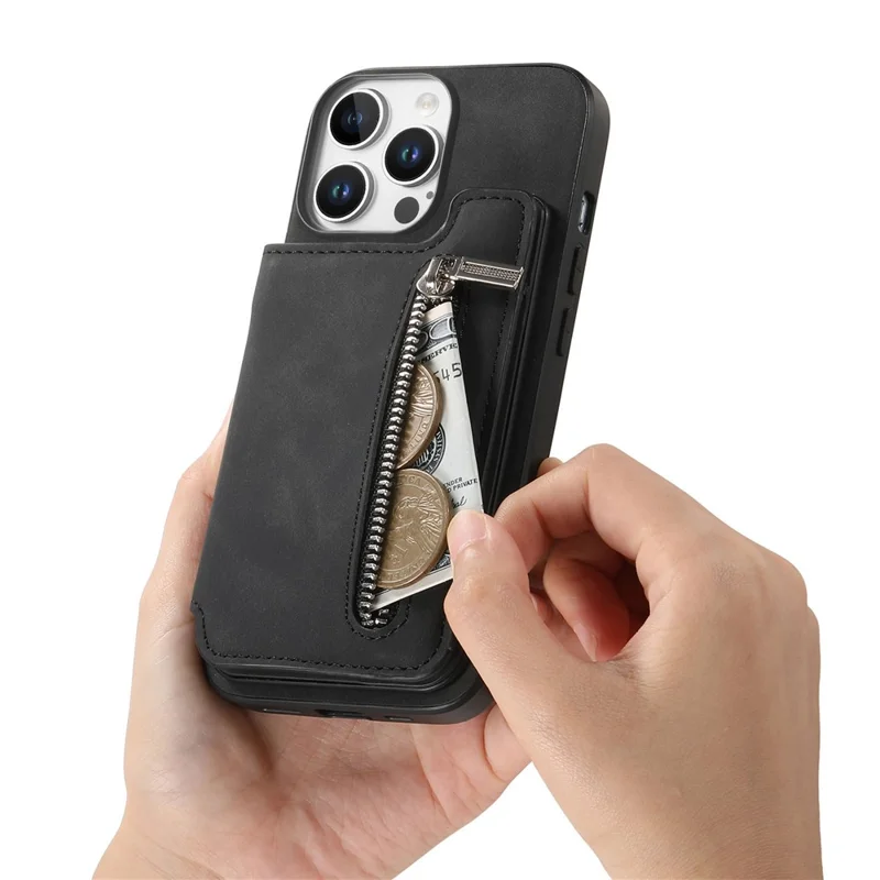 B7 Para Iphone 16 Pro Max Case Magnetic Destacável Zipper Portador de Cartão de Couro+tampa do Telefone Tpu - Preto