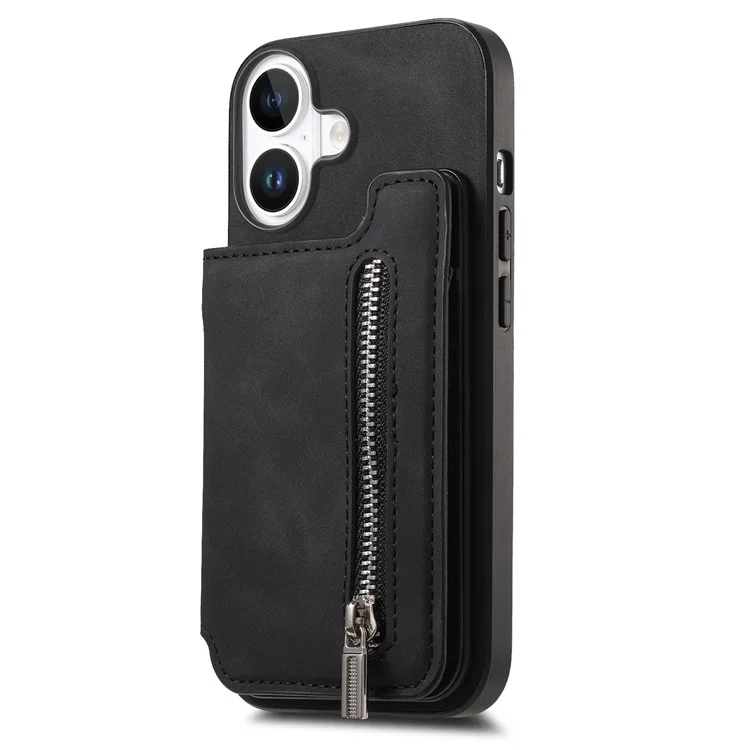 B7 Para Iphone 16 Case Magnetic Ripper Soporter de Cuero de la Tarjeta de Cremallera+tpu Teléfono - Negro