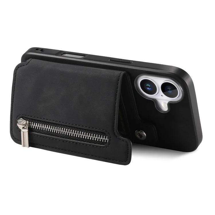 B7 Para Iphone 16 Case Magnetic Ripper Soporter de Cuero de la Tarjeta de Cremallera+tpu Teléfono - Negro