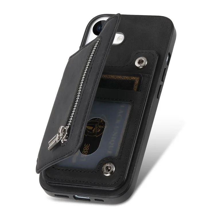 B7 Para Iphone 16 Case Magnetic Ripper Soporter de Cuero de la Tarjeta de Cremallera+tpu Teléfono - Negro