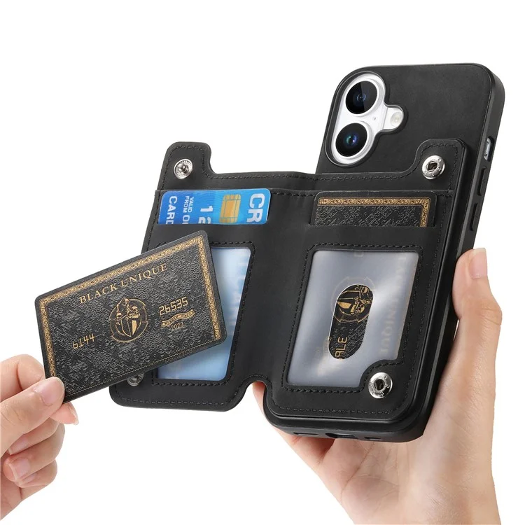 B7 Para Iphone 16 Case Magnetic Ripper Soporter de Cuero de la Tarjeta de Cremallera+tpu Teléfono - Negro