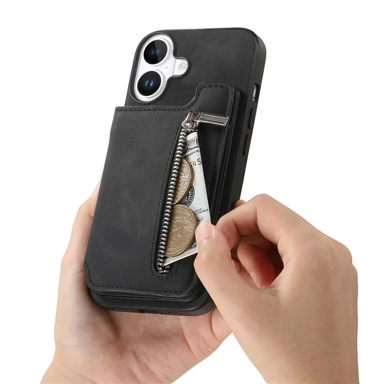 B7 Para Iphone 16 Case Magnetic Ripper Soporter de Cuero de la Tarjeta de Cremallera+tpu Teléfono - Negro