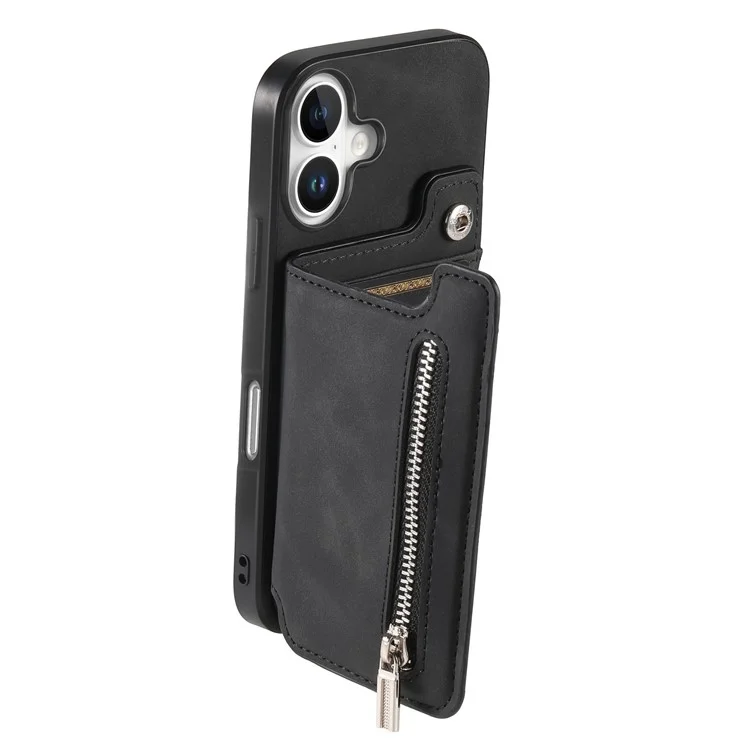 B7 Para Iphone 16 Case Magnetic Ripper Soporter de Cuero de la Tarjeta de Cremallera+tpu Teléfono - Negro