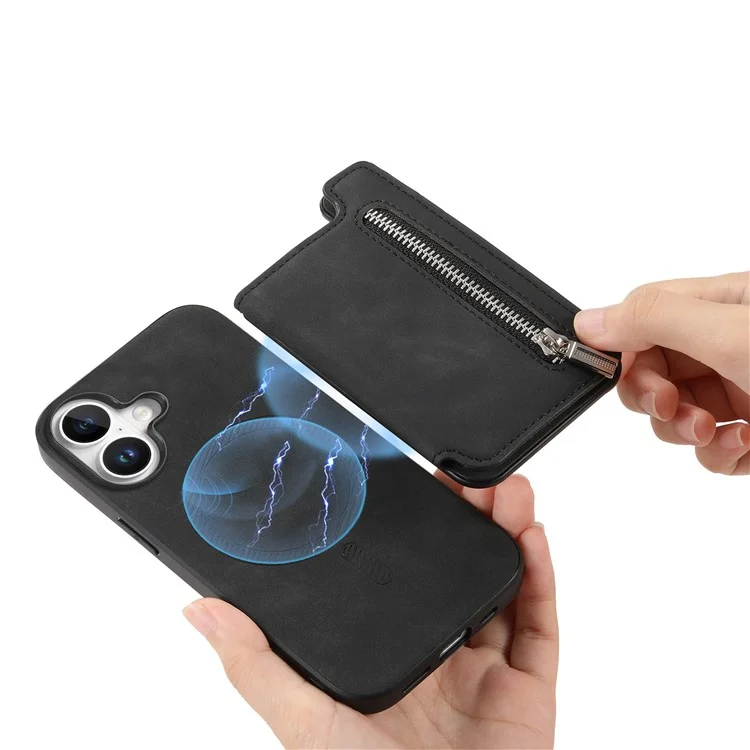B7 Para Iphone 16 Case Magnetic Ripper Soporter de Cuero de la Tarjeta de Cremallera+tpu Teléfono - Negro