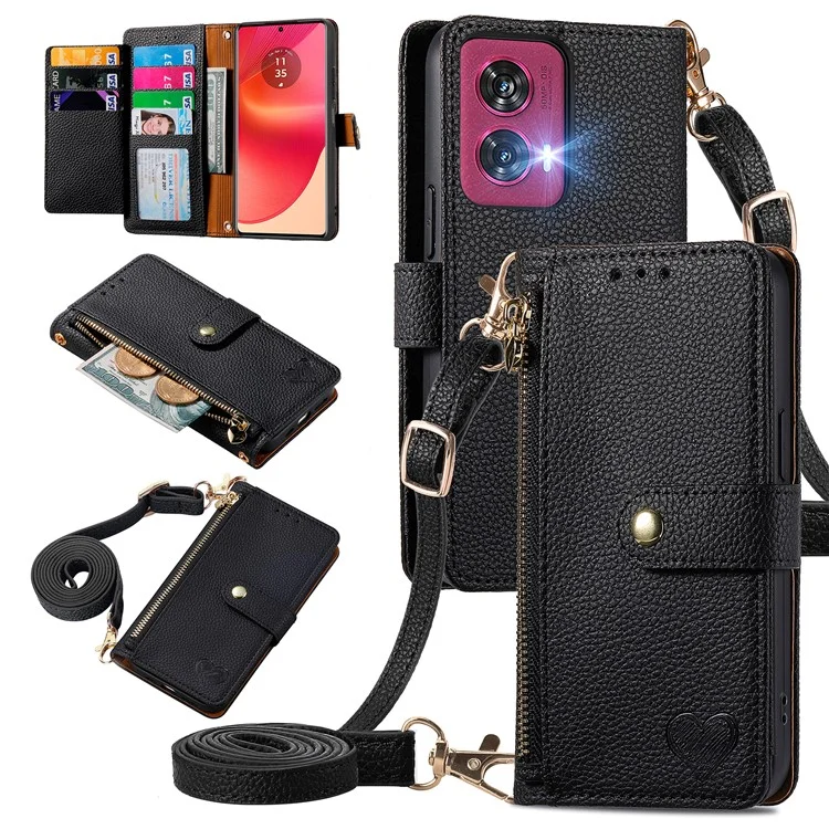 Para Motorola Edge 50 Fusion 5G Case RFID Bloqueio de Bolso Com Zíper Com Alça de Ombro - Preto