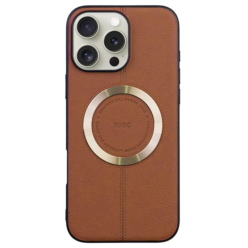 KIGC For iPhone 16 Pro Case Compatible with MagSafe Litchi Texture Leather Coated PC+TPU Phone Cover - Brown