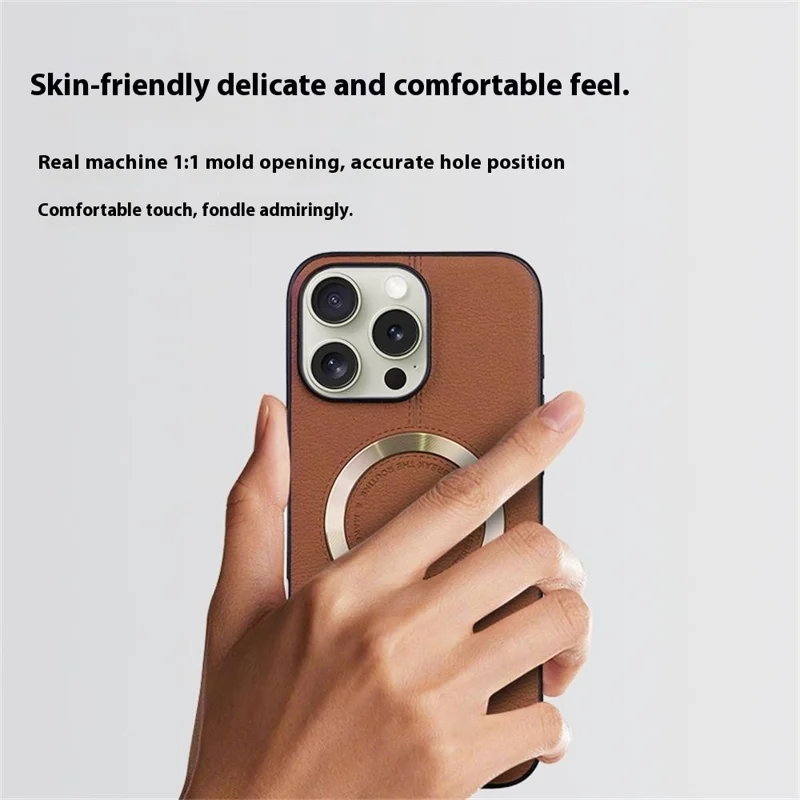 KIGC For iPhone 16 Pro Case Compatible with MagSafe Litchi Texture Leather Coated PC+TPU Phone Cover - Brown