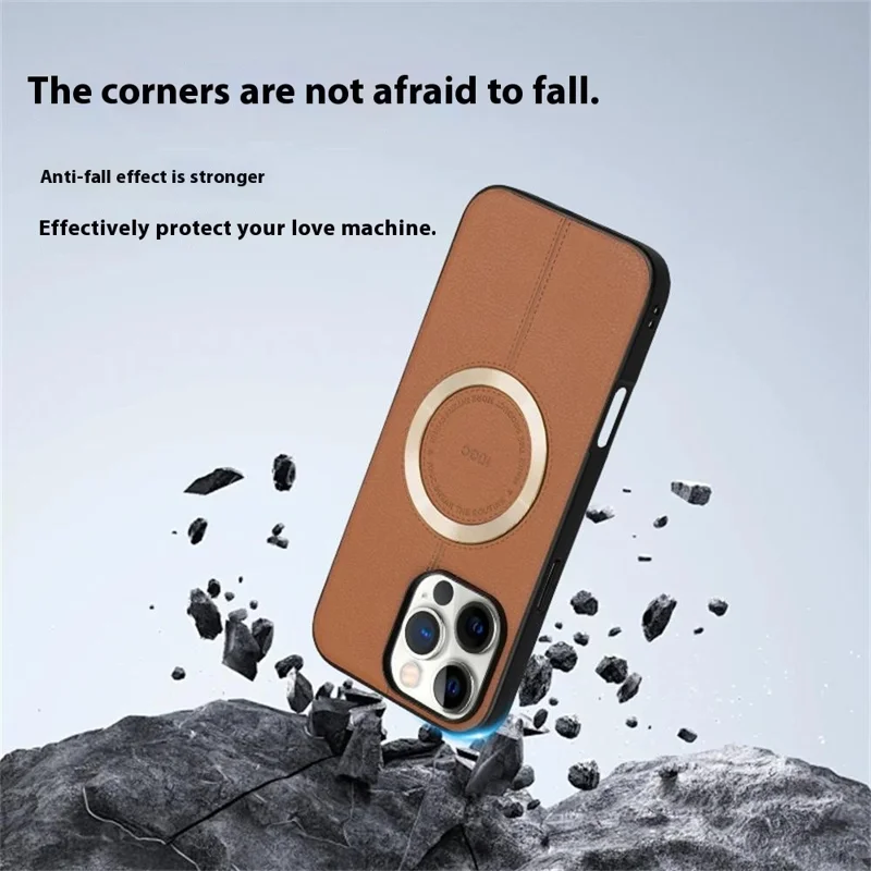 KIGC For iPhone 16 Pro Case Compatible with MagSafe Litchi Texture Leather Coated PC+TPU Phone Cover - Brown