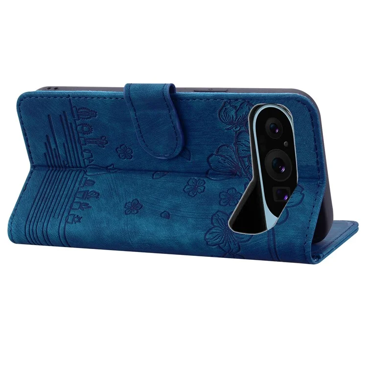 Для Google Pixel 9 / Pixel 9 Pro Case Flip Stand Кожаная Телефона Чехла Вишневой Кошка Отпечатано - Синий