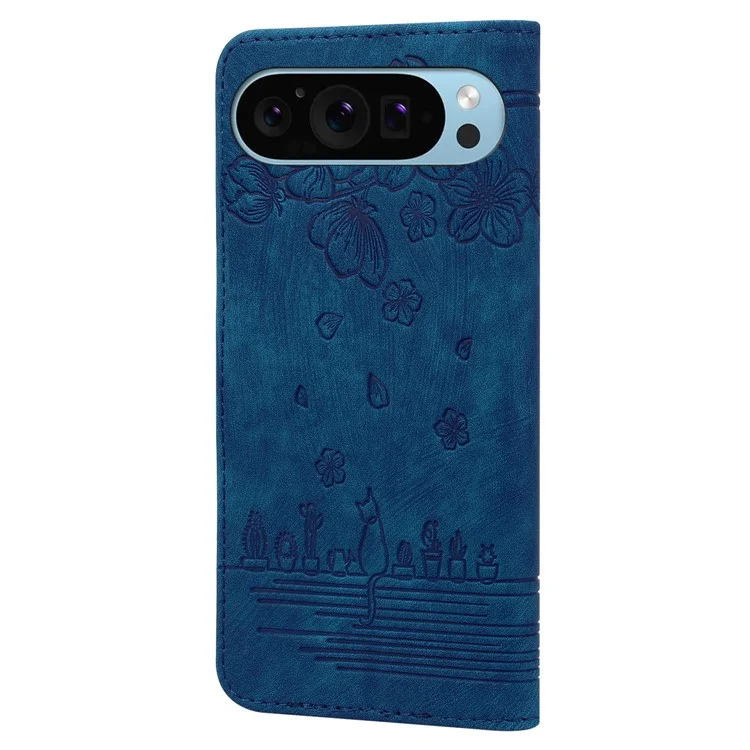 Для Google Pixel 9 / Pixel 9 Pro Case Flip Stand Кожаная Телефона Чехла Вишневой Кошка Отпечатано - Синий