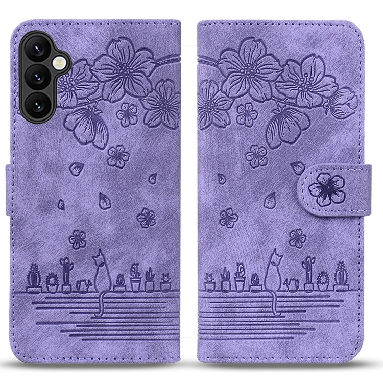 For Samsung Galaxy A16 5G / A16 4G Case Flip Stand Leather Phone Cover Cherry Blossom Cat Imprinted - Purple