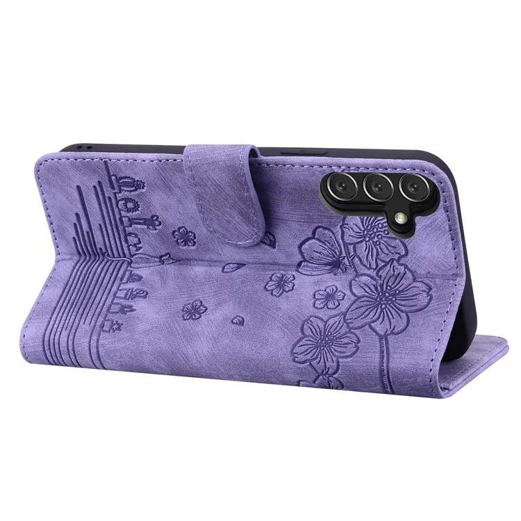 For Samsung Galaxy A16 5G / A16 4G Case Flip Stand Leather Phone Cover Cherry Blossom Cat Imprinted - Purple