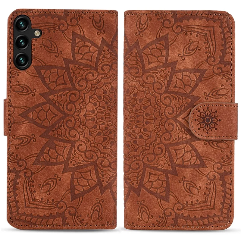 For Samsung Galaxy S24 FE Case PU Leather Wallet Flip Phone Cover Flower Imprinted - Brown
