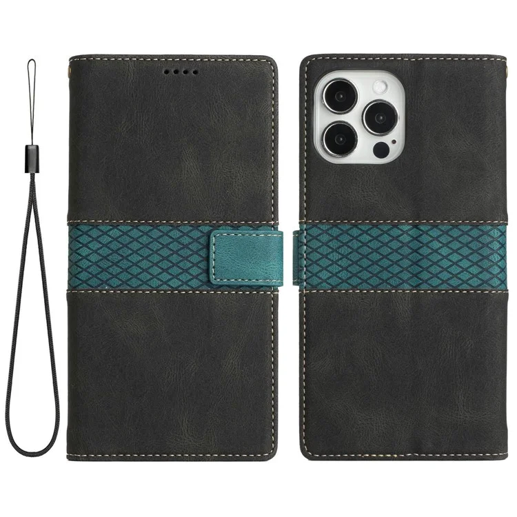 Étui portefeuille anti-chute pour iPhone 14 Pro Max, étui à rabat en cuir PU avec motif quadrillé et support - Noir