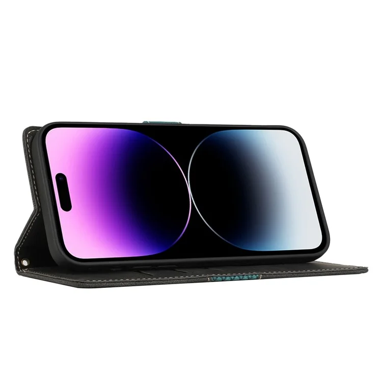 Étui portefeuille anti-chute pour iPhone 14 Pro Max, étui à rabat en cuir PU avec motif quadrillé et support - Noir