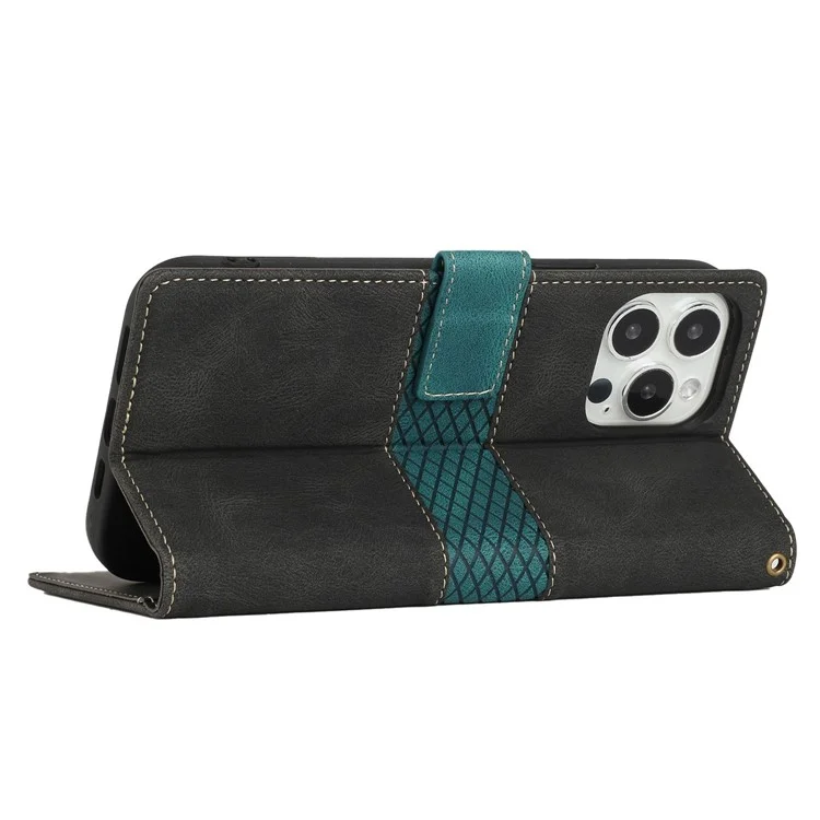 Étui portefeuille anti-chute pour iPhone 14 Pro Max, étui à rabat en cuir PU avec motif quadrillé et support - Noir