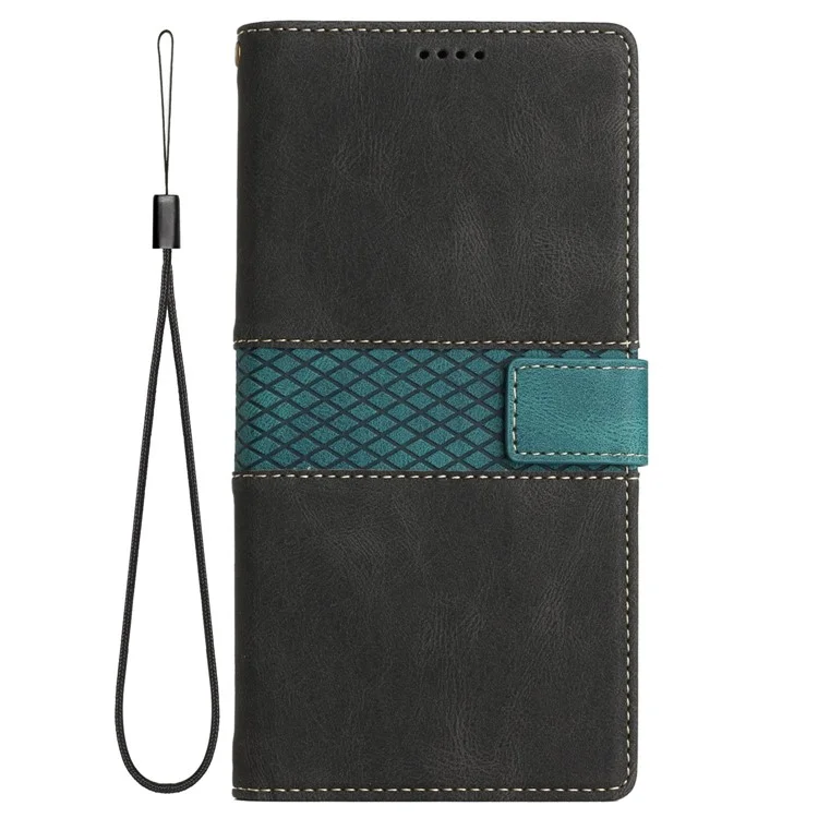 Étui portefeuille anti-chute pour iPhone 14 Pro Max, étui à rabat en cuir PU avec motif quadrillé et support - Noir